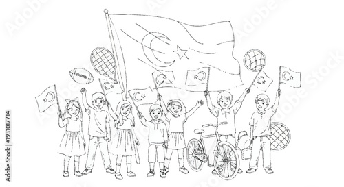 Children holding flags and standing with a bicycle kids protest