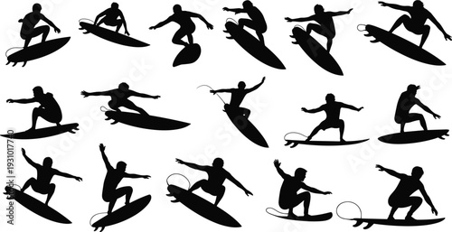 Surfing Athlete Silhouettes Collection, Surfer Riding Ocean Waves Isolated on White Background Extreme Sports Set