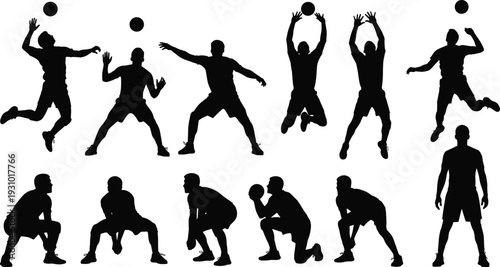 Volleyball Player Silhouettes Collection, Male Athletes Jumping Serving Blocking Isolated on White Background Sports Set