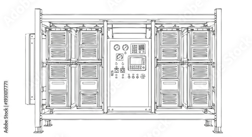 Industrial control panel with gauges and buttons on a large metal cabinet