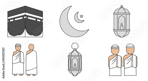 Islamic symbols kaaba lanterns people muslim ramadan