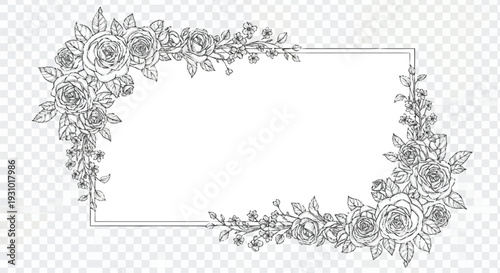 Black and white floral border with roses and leaves around rectangle frame on transparent background