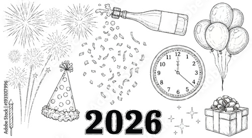 New Year's Eve celebration with 2026 fireworks champagne bottle clock striking midnight