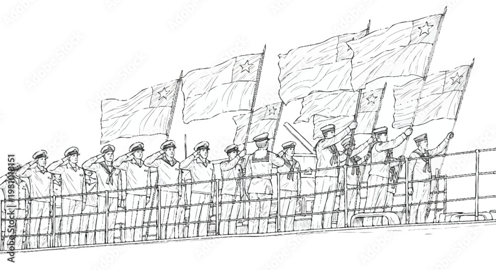 Fototapeta premium Sailors saluting on ship deck with flags