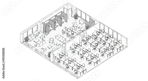 Isometric office floor plan with cubicles and meeting rooms 1