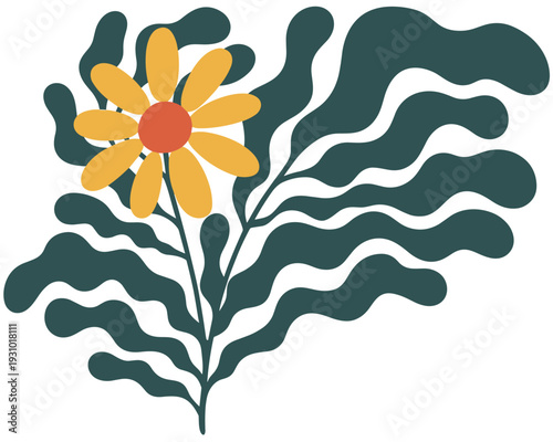 Stylized Yellow Flower with Red Center and Dark Teal Wavy Leaves on White Background floral