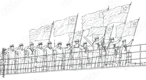 Sailors saluting on ship deck with flags