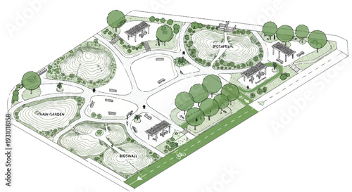 Aerial view of a park with green spaces, roads, and buildings