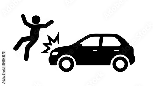 Stickman pedestrian hit by a car icon representing road accidents, traffic danger, safety awareness, collision risk, and urban transportation hazards.