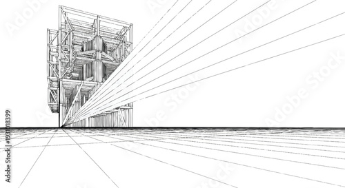 Black and white architectural of building with lines radiating from it architectural building