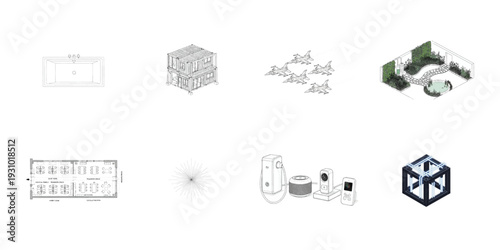 Line of various scenes including a bathtub building fighter jets garden floor plan