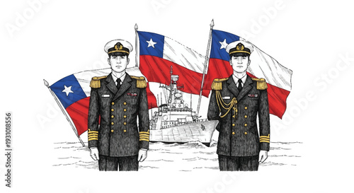 Chilean naval officers standing in front of warship and flags military navy uniform