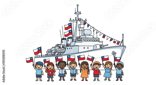 Children holding chilean flags in front of warship boat