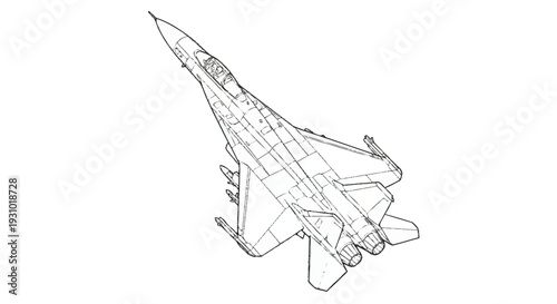 Black and white of a fighter jet with pointed nose and wings airplane aircraft military