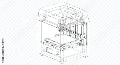 3 D printer technical with transparent body and mechanical components 3D printer
