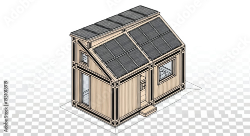Small wooden house with solar panels on roof small house windows