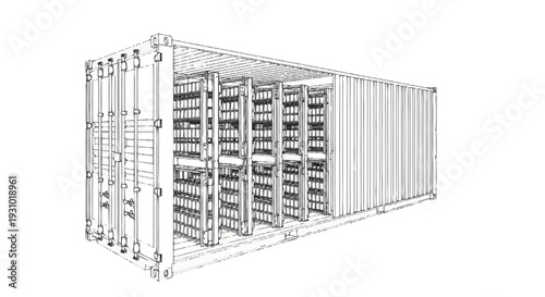 Shipping container with wine bottles on shelves wine storage cargo container