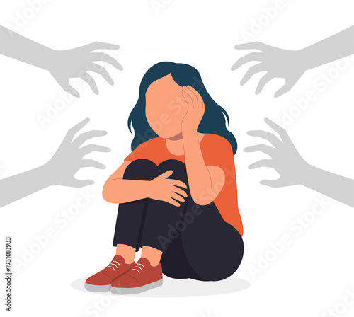 Illustration of a scared girl sitting on the ground with threatening hands reaching out, representing abuse, fear, harassment, and mental trauma.