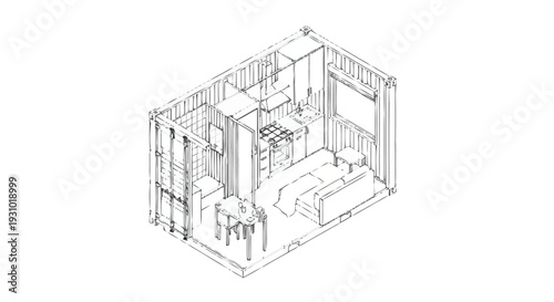 Isometric view of a small kitchen interior with appliances and furniture small space