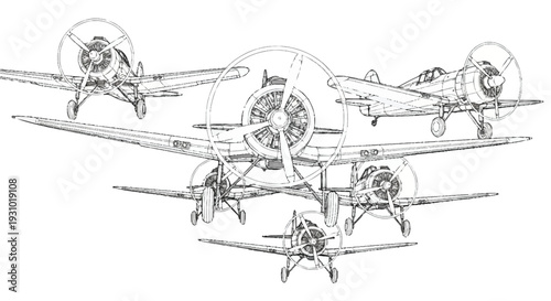 Vintage biplane airplanes with propellers in multiple views aircraft