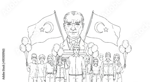 Turkish flag people holding balloons standing behind man portrait black and white