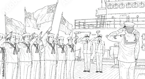 Sailors and officers saluting on a ship deck with flags salute