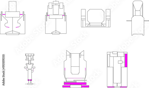 Technical vector drawings of sauna layouts, grand pianos, gym equipment, luxury beds, vehicles, door openings, IT hardware, and architectural symbols.