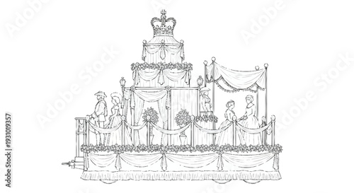 Vintage royal wedding float with crown and people royal float