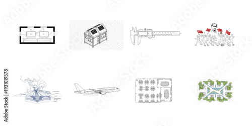 Architectural of buildings and house plans with solar panels and vernier caliper