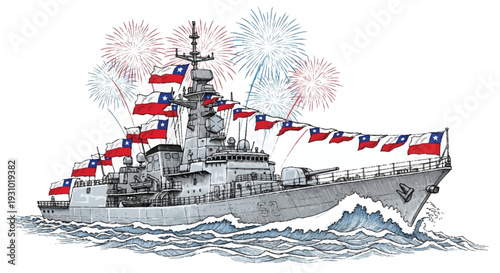 Chilean warship with flags and fireworks Chilean flags navy