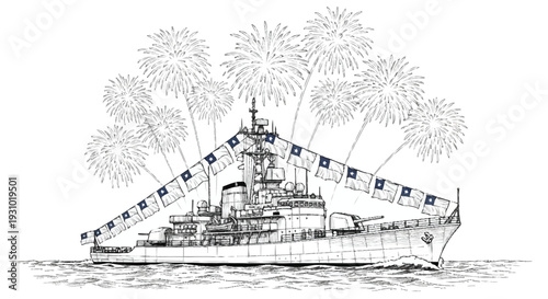 Warship with Quebec flags and fireworks boat vessel