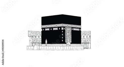 Black cube building with stone walls and intricate stone building intricate architecture