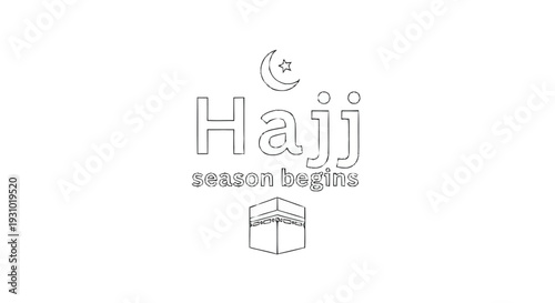 Hajj season begins text with crescent moon star and Kaaba cube