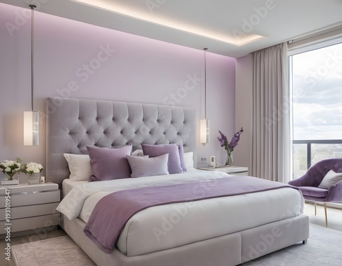 Modern Grey and Purple Bedroom Interior with Soft Lighting and Contemporary Design