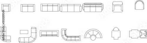 Technical vector drawings of bathroom fixtures, bathtubs, kitchen sinks, office IT hardware, printers, furniture layouts, and architectural symbols.
