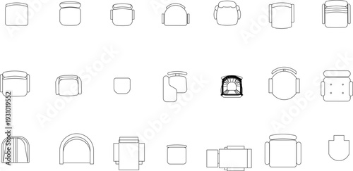 Technical vector drawings of bathroom fixtures, bathtubs, kitchen sinks, office IT hardware, printers, furniture layouts, and architectural symbols.