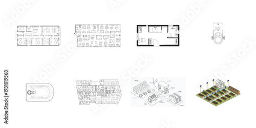 Architectural plans and diagrams of buildings and garden layouts building layouts