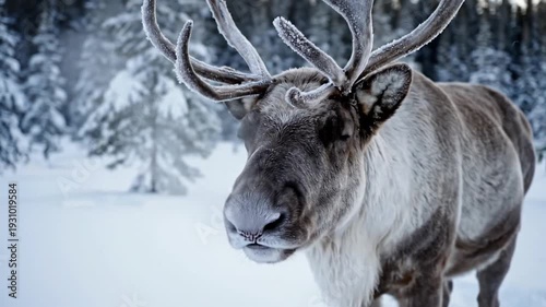 Wild reindeer standing in deep snow of winter forest