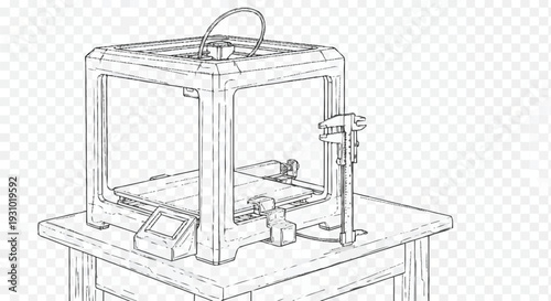Black and white of 3 D printer on table 3D printer machine 1 technology