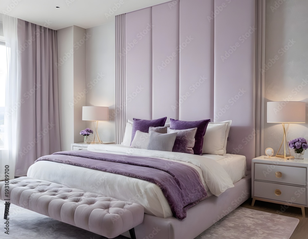 Fototapeta premium Modern Grey and Purple Bedroom Interior with Soft Lighting and Contemporary Design