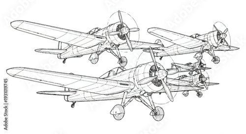 Black and white of three vintage biplanes with propellers vintage planes airplanes