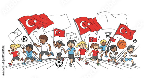 Children running with Turkish flags and sports equipment kids