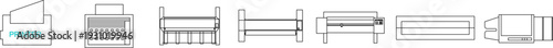 Technical vector drawings of office equipment, printers, fax machines, furniture layouts, building elevations, and architectural CAD symbols.