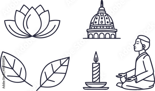 Black line set of buddha meditation with lotus flower and temple leaves