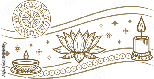 Golden cambodian buddhist holiday banner with lotus flower and candles