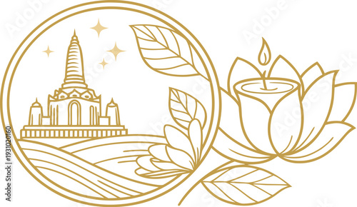 Gold line cambodia visak bochea day badge with temple and lotus flower line temple