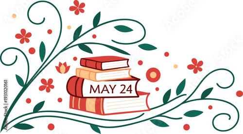 May 24 holiday banner Bulgaria stack of books with flowers Bulgaria holiday