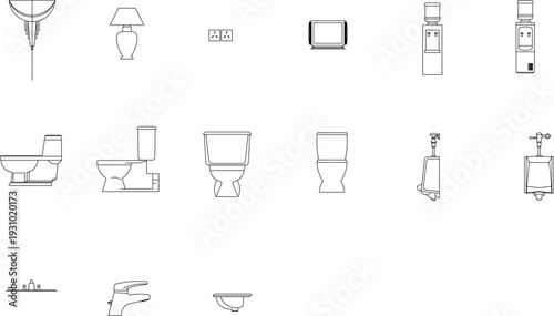 Technical vector drawings of architectural floor plans, building elevations, office furniture, bathroom fixtures, and landscape tree symbols.