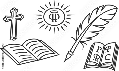 Minimal set for saints cyril and methodius with cross book feather and christian symbols