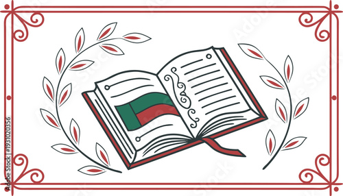 Open book with Bulgarian flag and leafy wreath red border